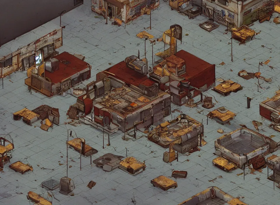 Image similar to Screenshot of abandoned rusty McDonald restaurant in Fallout 2 (1998), isometric perspective, postapocalyptic, bird's eye view, high quality