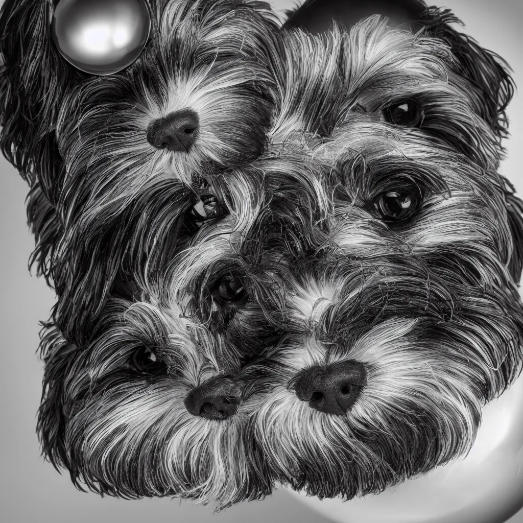 Image similar to full length portrait of a havanese dog reflected in a chrome sphere, ultra wide 1 0 mm, by m c escher pen and paper