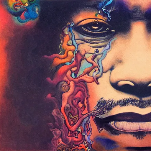 Image similar to colour masterpiece surreal closeup portrait photography jimi hendrix by miho hirano and annie leibovitz and michael cheval, psychedelic smoke background by kilian eng and roger dean and salvador dali and beksinski, 8 k