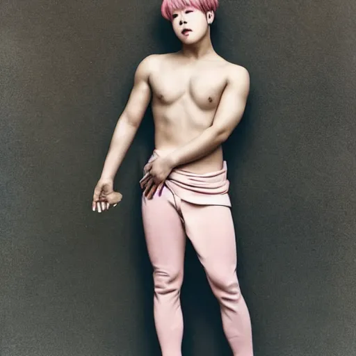 Image similar to wide angle full body portrait of Park Jimin of BTS as Antinous, dramatic photography, dramatic facial expression, smiling Jimin, cute Jimin, hand on his cheek, he is shy, serendipity, very little muscle, he doesn\'t work out much, soft skin, soft blush, intricate, ethereal, highly detailed, high resolution, 8K resolution, sharp focus, Unreal engine 5, smooth, ectomorph, curvy body type, wearing a chiton, feminine body type, feminine facial features, most beautiful park jimin, greek background, art by J. C. Leyendecker