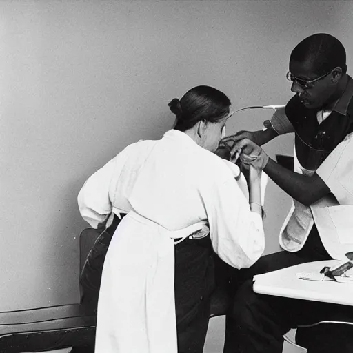 Image similar to a man sitting on a chair having his blood pressure measured by a nurse, photograph