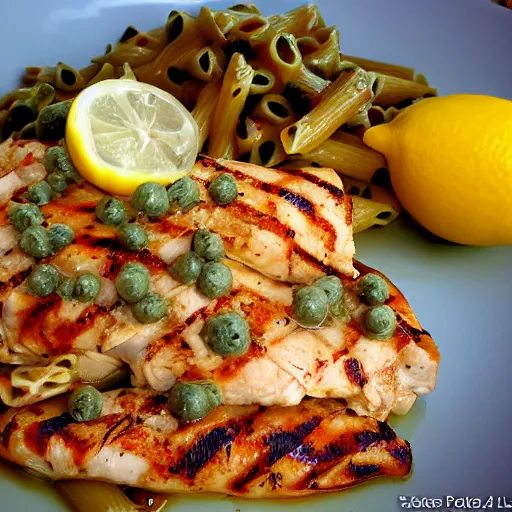 Image similar to an award winning photograph of dish made out of grilled chicken, pasta with creamy sauce, capers, lemons, product presentation, HD