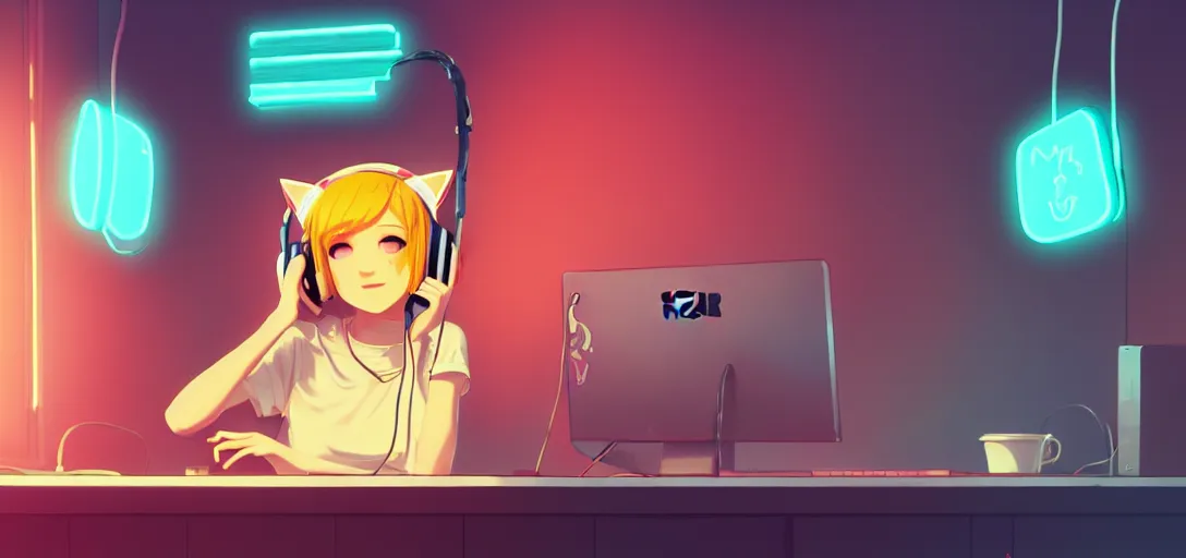 Image similar to a blond woman with cat ear headphones, sitting in front of computer, gamer, computer nerd, cute room, neon lights, gamer aesthetic, lofi vibes, strong crisp lineart and flat color, by ilya kuvshinov, krenz cushart, Greg Rutkowski, trending on artstation