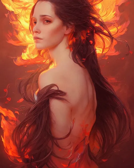 Image similar to beautiful long haired girl, fire dress, portrait, flames everywhere, highly detailed, digital painting, artstation, concept art, smooth, sharp focus, illustration, art by artgerm and greg rutkowski and alphonse mucha