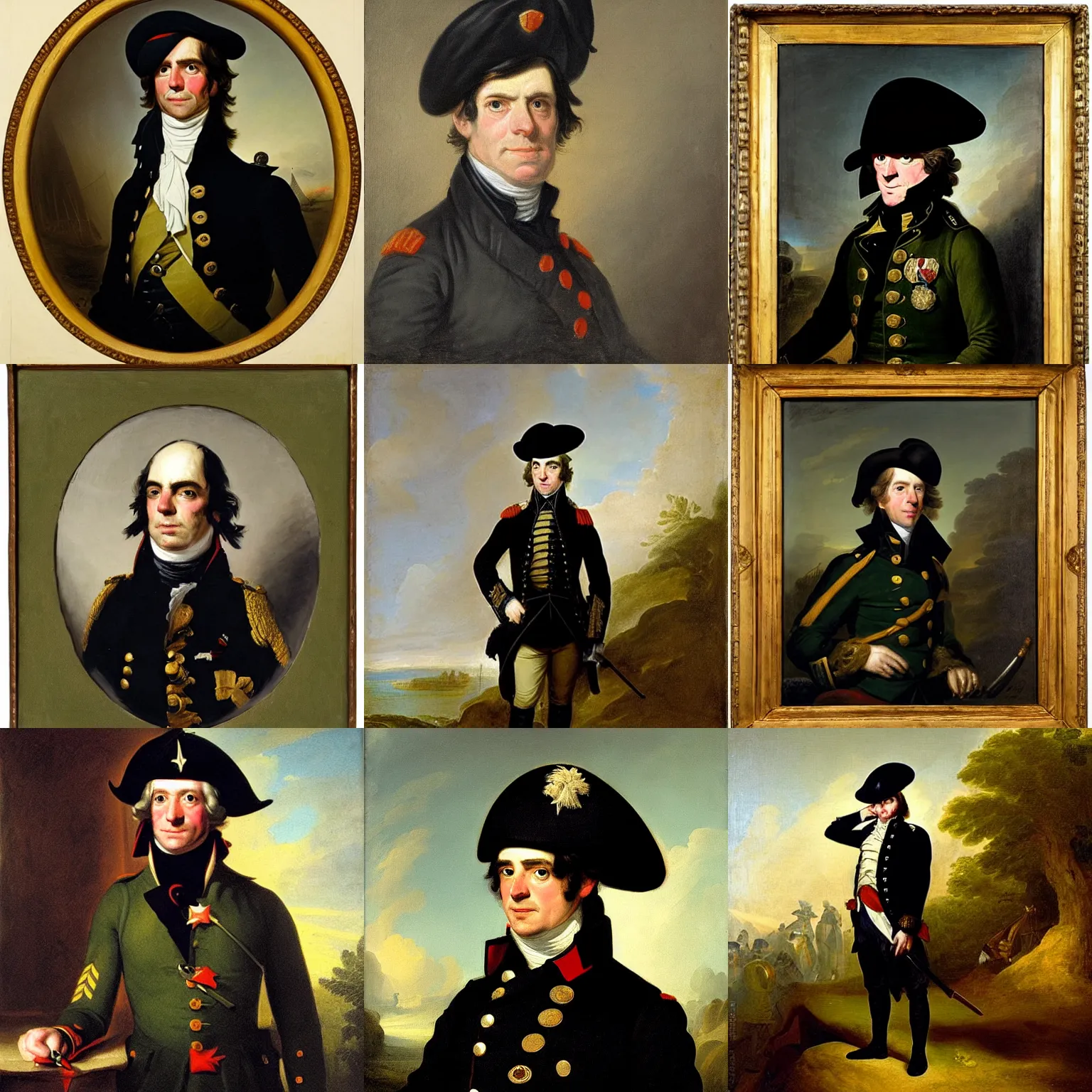 Prompt: a portrait of a frog wearing a military uniform and a black tricorn, a painting by john trumbull, american romanticism