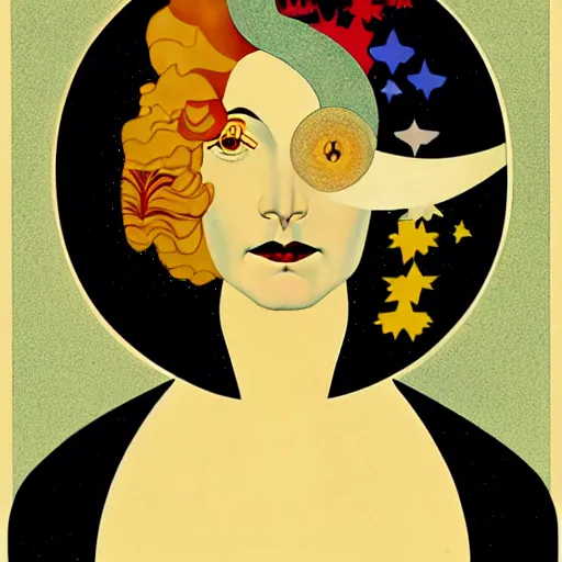 Prompt: Art in the style of Coles Phillips, Gaia, Mother Earth, stars, space, earth, ecology, side portrait