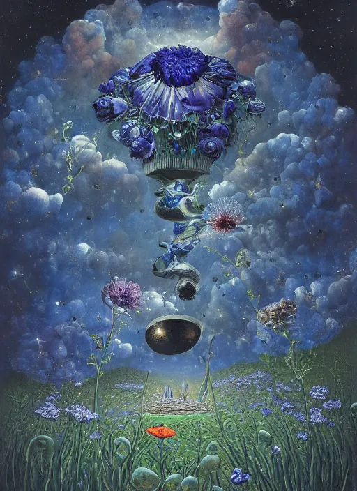 Image similar to detailed, intricate blue black and purple papaverum flower on the field, nebula, galaxy in the sky, winning award masterpiece, fantastically beautiful, illustration, aestheticly inspired, jacek yerka, upscale with anguissola sofonisba work, artstation, 8 k