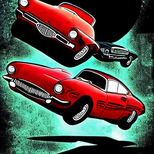 Prompt: cars being juggled in the air, comic book cover art, in the style of todd mcfarlane and jack kirby, with a haunting background, digital photography, photorealistic, realistic, extreme detail