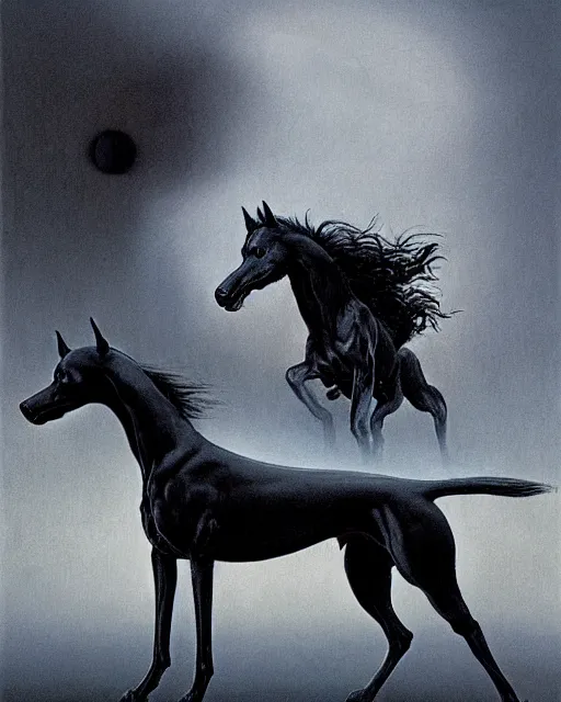 Image similar to painting of hybrid between black weimaraner & black stallion horse! & intercrossed animal, by zdzislaw beksinski, by mattias adolfsson, concept art, single object scene, beautiful composition, 8 k, wide angle shot, depth of view,