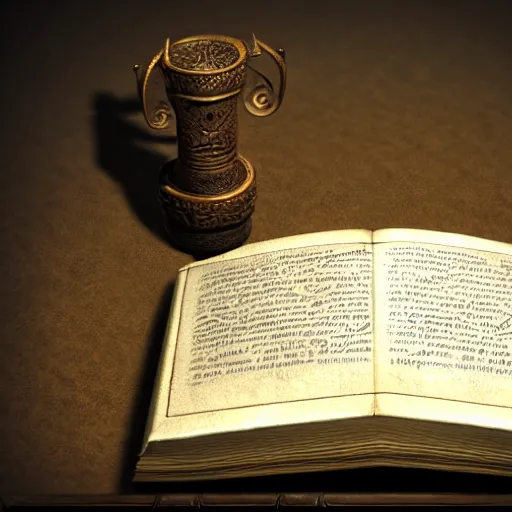 Prompt: a medium shot of a closed book sitting on a desk, the cover is ornately carved leather, beside the book is an ancient scroll, dark, single light, vignette, magic, fantasy, concept art, artstation, octane render, 4 k