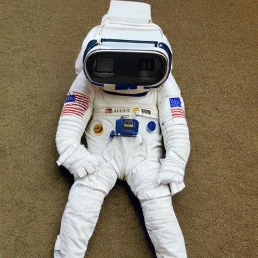 Prompt: A photo of 1980s VR spacesuit designed by US Army, Polaroid photo found in the attic