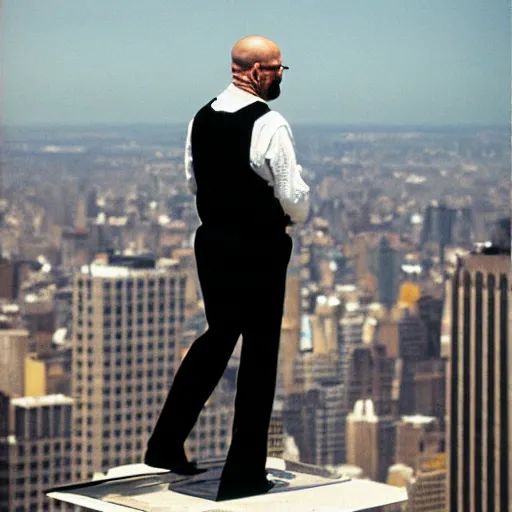 Image similar to walter white from back sitting on chair standing on top of the empire state building strong stance photo by annie leibovitz 8 0 mm lens bokeh