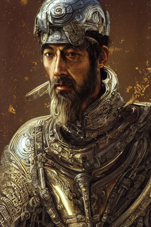 Image similar to portrait Emperor Marcus Aurelius, metallic Silver and ice color reflected armor, in ruined Agora of Athens, ssci-fi, fantasy, intricate, very very beautiful, elegant, golden light, highly detailed, digital painting, artstation, concept art, smooth, sharp focus, illustration, art by WLOP and tian zi and alphonse mucha