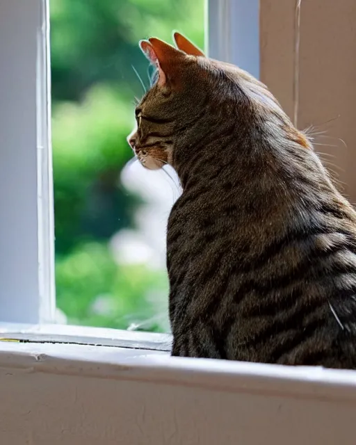 Prompt: a watchful cat is staring out the window at a couple of birds in the yard the birds are hunting for food on the ground. the cat's tail is slowly flicking back and forth