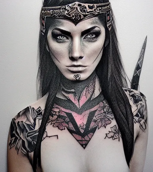 Image similar to tattoo design of a hyper realistic beautiful girl warrior, hyper detailed, inspired by eliot kohek, on white background