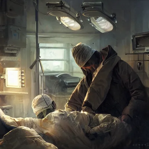 Image similar to A surgeon desperately trying to save his patient, oil painting by Cedric Peyravernay, highly detailed, cinematic concept art, dramatic lighting