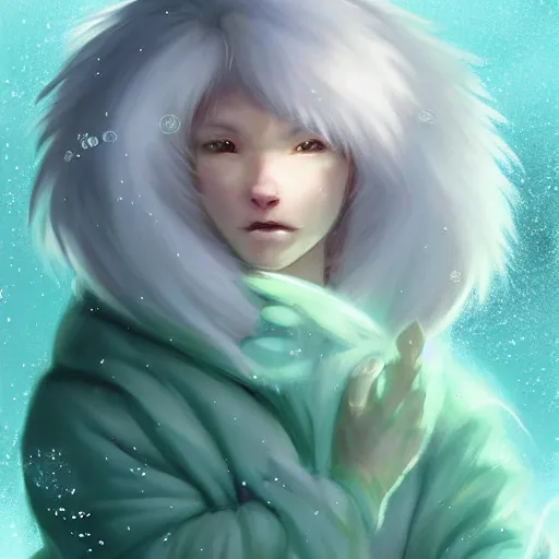 Prompt: aesthetic portrait commission of a albino male furry anthro lion surrounded by glistening floating bubbles while wearing a cute mint colored cozy soft pastel wizard outfit, winter Atmosphere. Character design by charlie bowater, ross tran, artgerm, and makoto shinkai, detailed, inked, western comic book art, 2021 award winning painting