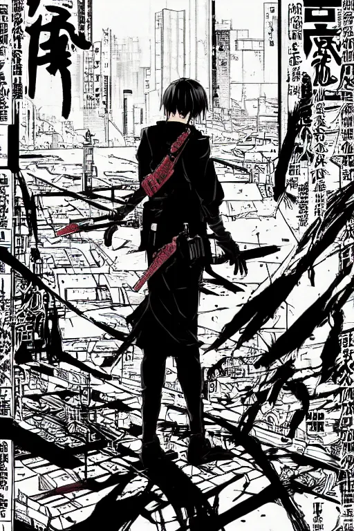 Prompt: professionally drawn seinen mature cyberpunk detective horror action manga comic cover about the police and samurai, full color, beautifully drawn coherent professional, drawn by ilya kuvshinov, satoshi kon, and hiromu arakawa and tsutomu nihei. japanese script kanji hiragana on the cover. simplistic minimalist cover art. stylized stylistic.