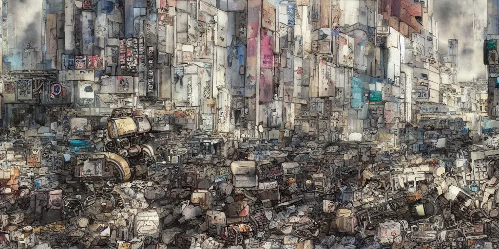 Image similar to broken robot lying deserted shinjuku junk town, watercolor, ghost in the shell, soft bloom lighting, paper texture, bright sun bleached ground, vending machine, koji morimoto, katsuya terada, black smoke, pale, beige sky pencil marks, hd, 4k, remaster, dynamic camera angle, fish eye, dynamic scene