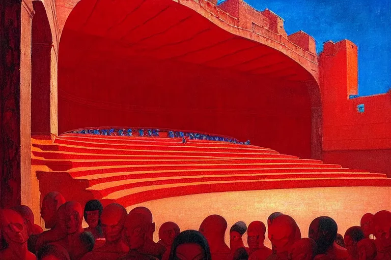 Image similar to only with red, a red melted emperor, taormina amphitheatre, crowd hails him, in the style of beksinski, parts by edward hopper, parts by rodcenko, parts by yue minjun, intricate and epic composition, red by caravaggio, insanely quality, highly detailed, masterpiece, red light, artstation, 4 k