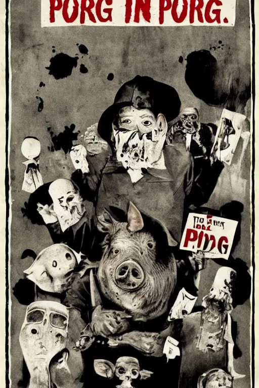 Prompt: a poster for a horror movie about a pig 1984