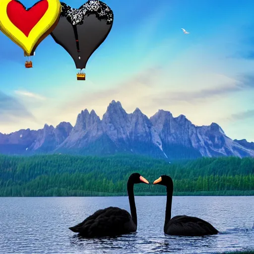 Image similar to photo of two black swans swimming in a beautiful reflective mountain lake, touching heads, forming a heart with their necks, a colorful hot air balloon is flying above the swans, hot air balloon, intricate, 8k highly professionally detailed, HDR, CGsociety