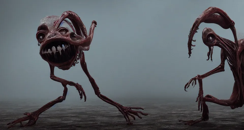 Image similar to still from a horror movie of grotesque alien lunging towards the camera, highly detailed, horror movie scene, unreal engine, octane render, natural light outside