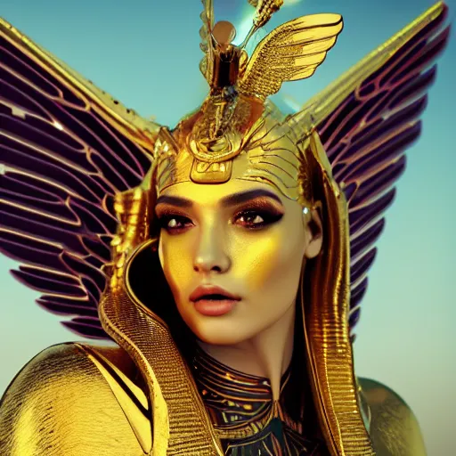 Prompt: hyper realistic photo portrait of beautiful egyptian goddess with wings and gold armor, cyberpunk, glow fluo, 8 k, octane render, sci - fi backgroud, detailled, spiritual inspiration