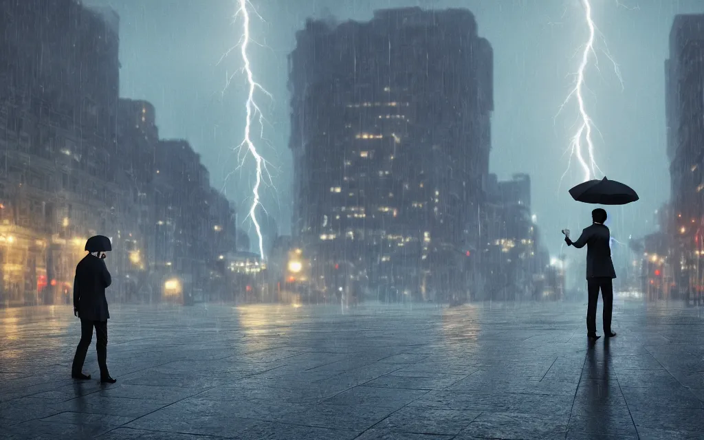 Image similar to lightning hitting man with umbrella standing on the street, atmospheric, mist, epic, photorealistic, realistic, rule of thirds, extremely detailed, 4 k, 8 k, unreal engine 5 render, rim lighting, rtx, ray traced lighting, shot on 3 5 mm, film grain