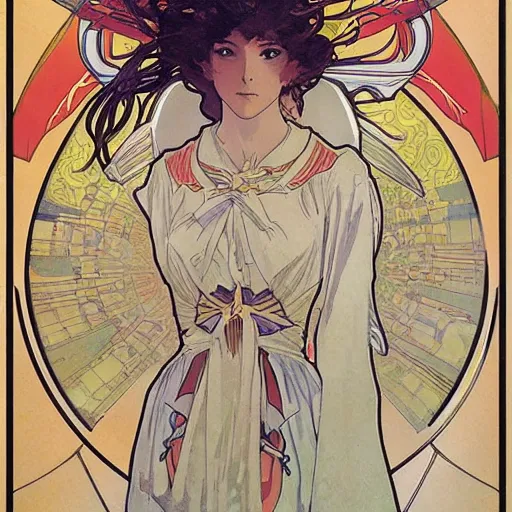 Image similar to anime manga angelic winged gundam robot astronaut portrait by Alphonse Mucha art nuevou