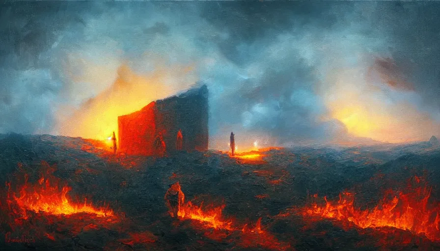 Image similar to a cubic landscape with fire in the sky, ghostly figures, by mariusz lewandowski