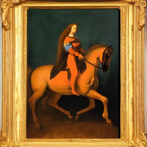 Image similar to never seen painting of a woman on a horse by leonardo da vinci