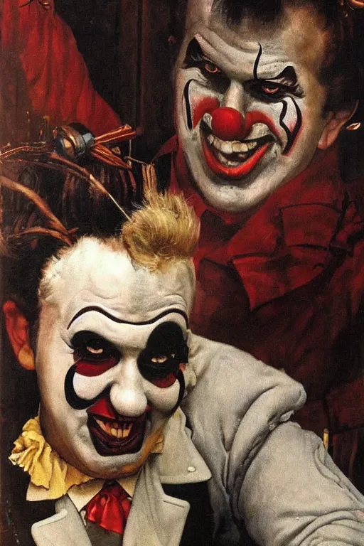 Image similar to a closer personal portrait of!!!!!! clownvis presley!!!!!! very charismatic. in the old ancient temple. masterpiece, dark. painted by norman rockwell and james gurney