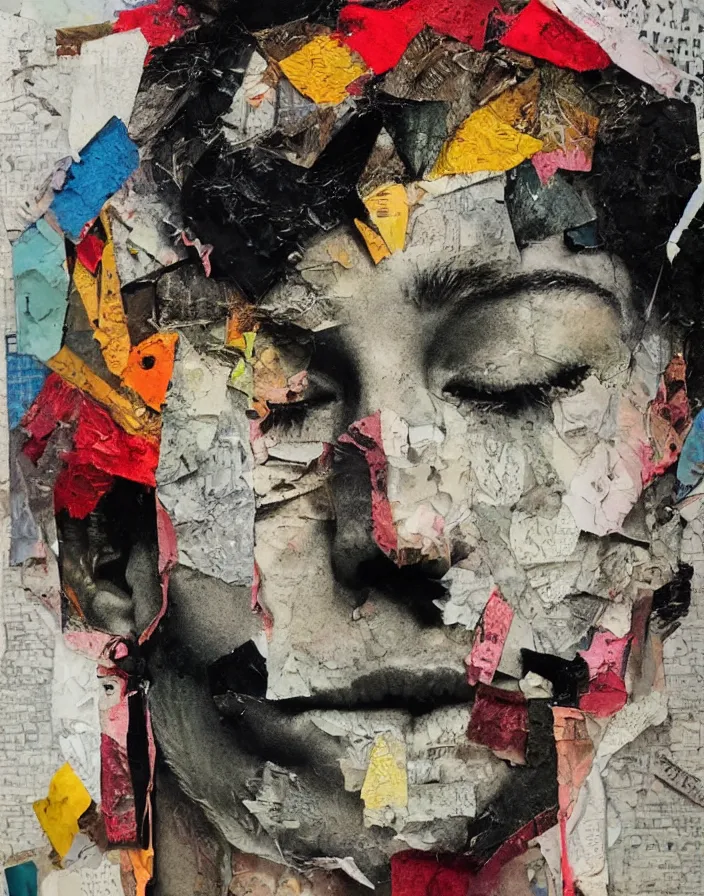 Prompt: double colored boy harsher detailed analogue mixed media collage with canvas texture in style of contemporary art, punk art, hyperrealistic beautiful face, photorealistic, expressionism, masterpiece, perfect composition, spectacular quality torn paper, intricate oil details