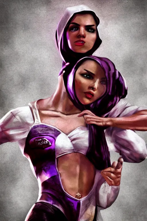 Prompt: arabian wrestling woman, cleanest posse, cleanest content without duplication, justify, parallel content, hyperrealistic anatomy, violet polsangi pop art, gta chinatown wars art style, sharp focus, bioshock infinite art style, incrinate, dynamic stretching, rgba color, white frame, balance proportion content