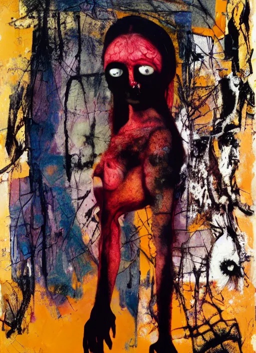 Prompt: brutal black clothes, girl with white eyes, long arms, skin disease, grotesque, doomed, acrylic paint, high resolution gouache on canvas, ugly vibrant colors, grotesque, wrapped thermal background, art francis bacon, collage by joseph cornell