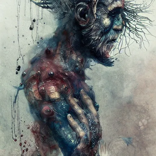 Image similar to mutant fishman sailor old man with gills and scales creatures from the deep ocean by emil melmoth zdzislaw beksinki craig mullins yoji shinkawa realistic render ominous detailed photo atmospheric by jeremy mann francis bacon and agnes cecile ink drips paint smears digital glitches glitchart