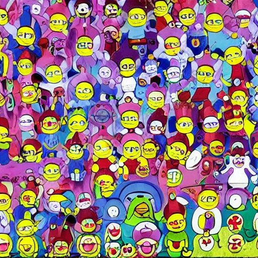 Image similar to survivor on an island full of evil teletubbies, takashi murakami artwork, sinister teletubbies, lsd