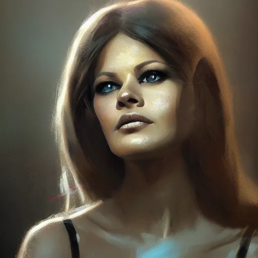 Image similar to closeup portrait of a young and beautiful claudia cardinale, dramatic light, gorgeous view, depth, high detail, digital art, painted by greg rutkowski and seb mckinnon, by tim burton, trending on artstation