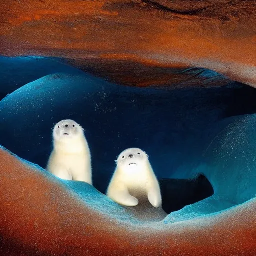 Image similar to a cave painting of three baby harp seals playing, National Geographic photo