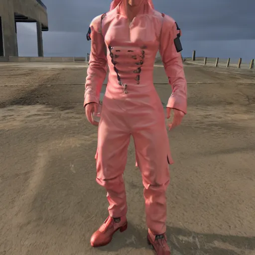 Image similar to 4K HD, unreal engine, metal gear, octane render : (subject= Sundowner from Metal Gear video game + subject detail= man wearing a pink dress, male body proportions)