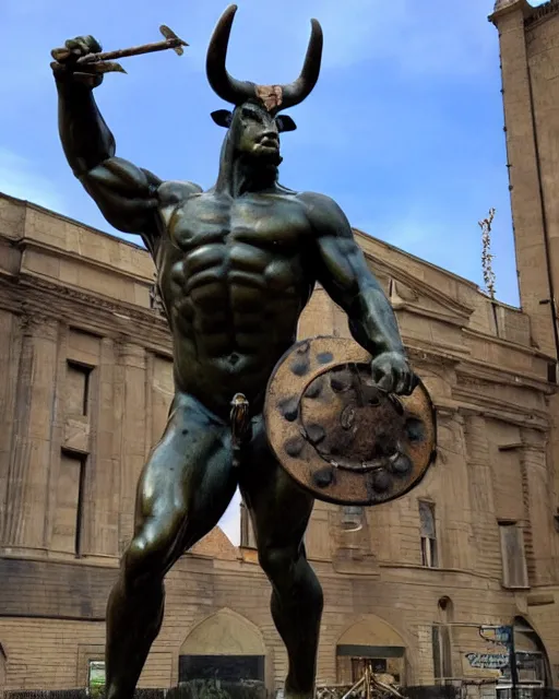 Image similar to a giant bronze statue of a minotaur, bull man hybrid being holding a spear and shield