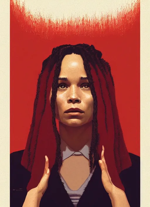 Prompt: twin peaks movie poster art, portrait of zoe kravitz, from scene from twin peaks, clean, simple illustration, nostalgic, domestic, highly detailed, digital painting, artstation, concept art, smooth, sharp focus, illustration, artgerm, donato giancola, joseph christian leyendecker, wlop