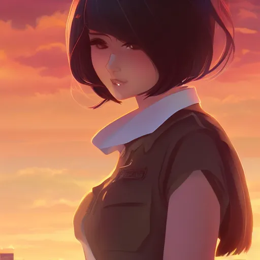 Image similar to a beautiful woman with a hime haircut, dark brown hair and tan skin, dark brown eyes, city landscape, 4k, anime key visual, lois van baarle, ilya kuvshinov, rossdraws, artstation