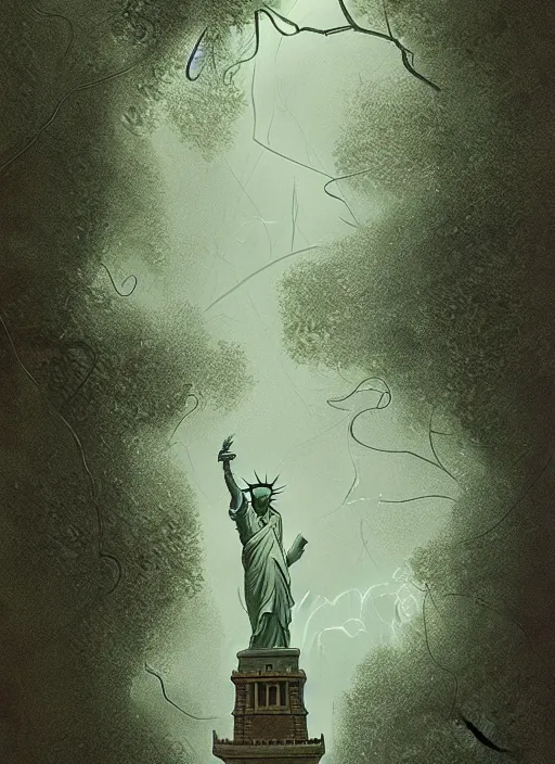 Image similar to hyper detailed painting of the statue of liberty; cracked, decaying, covered in moss and vines; thunderstorm; moody cinematic lighting, painted by Greg Rukowtski, trending on Artstation