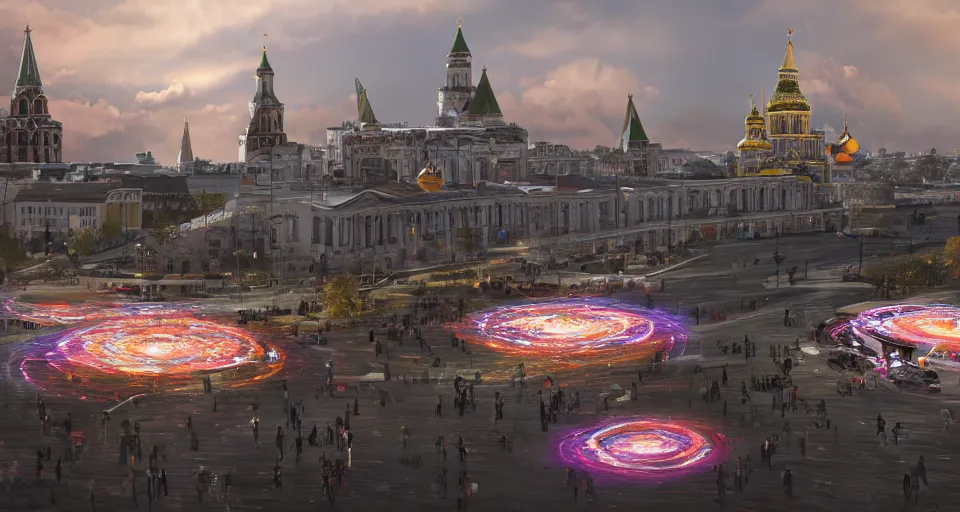 Image similar to pepople and a spiral - shaped white luminous attractor is floating near kremlin, concept art, art for the game, professional lighting, art