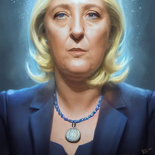 Image similar to Portrait of Marine le Pen , french emperor, heroic, tricolor amazing splashscreen artwork, splash art, head slightly tilted, natural light, elegant, intricate, fantasy, atmospheric lighting, cinematic, matte painting, detailed face, by Greg rutkowski