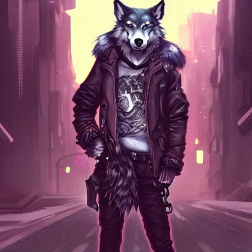 Image similar to beautiful furry art portrait commission of a furry anthro wolf fursona wearing punk clothes in the streets of a cyberpunk city. character design by charlie bowater, ross tran, rick griffin, miles df, detailed, inked, western comic book art