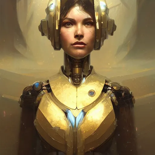 Image similar to a beautiful portrait of a robot goddess, a detailed painting by greg rutkowski and raymond swanland, featured on cgsociety, fantasy art, detailed painting, artstation hd, photorealistic