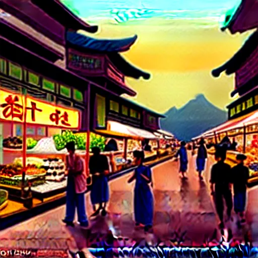 Image similar to an immaculate digital matte painting placid asian street market scene at dusk.